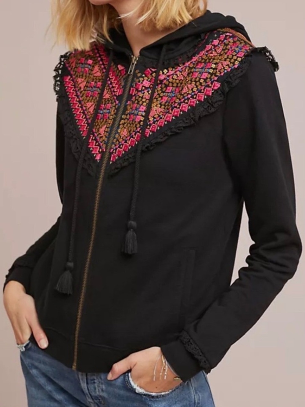 Anthropologie Akemi Kin Embroidered Boho Beaded Zip Up Hoodie Jacket Womens S